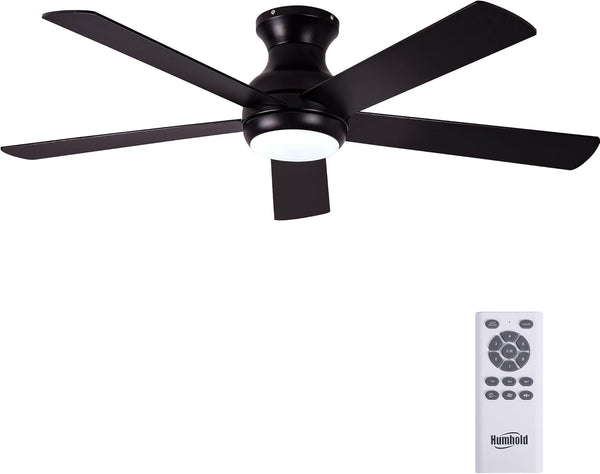 52" Flush Mount Ceiling Fans with Lights and Remote Control, Brushed Nickel, 6 Speeds Reversible DC Motor, 5 Blades Low Profile Ceiling Fans LED Light for Bedroom/Living Room