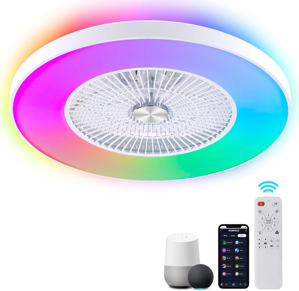 24" Bladeless Ceiling Fans with Lights and Remote/APP/Voice Control, Low Profile Ceiling Fan with RGB Lights, Enclosed Flush Mount Ceiling Fan for Kid's Bedroom/Living Room