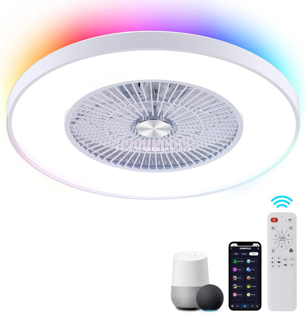 24" Bladeless Ceiling Fans with Lights and Remote/APP/Voice Control, Low Profile Ceiling Fan with RGB Lights, Enclosed Flush Mount Ceiling Fan for Kid's Bedroom/Living Room